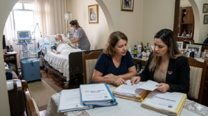 Advogado especialista em direito à saúde analisa documentos com familiar ao lado de paciente idoso em internação domiciliar home care.