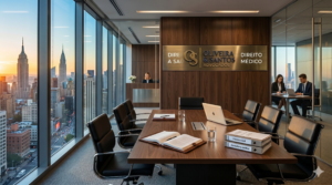 Fotografia realista do interior de um escritório de advocacia moderno com placas na parede indicando as áreas de Direito à Saúde e Direito Médico, ilustrando a diferença entre os dois temas.