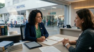 Advogada especialista em direito à saúde atendendo cliente para ação judicial urgente de transferência hospitalar pelo SUS.