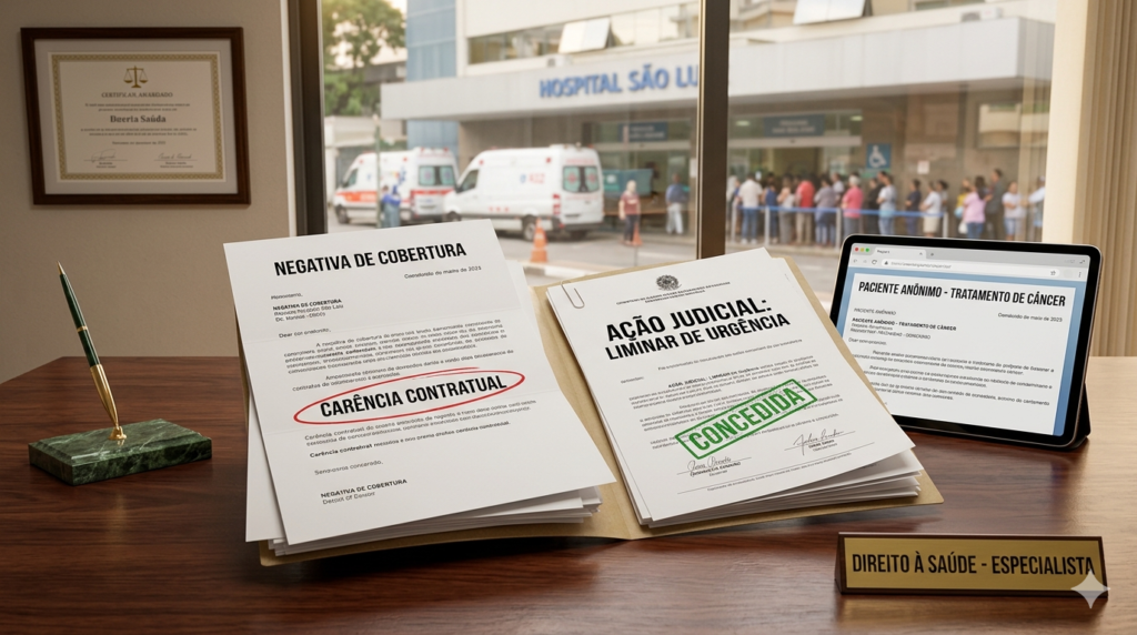 Petição judicial e negativa de cobertura por carência para tratamento de câncer sobre uma mesa de escritório de advocacia.