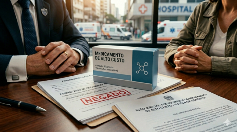 Caixa de medicamento de alto custo ao lado de uma petição de ação judicial de urgência e um documento de negativa do plano de saúde.