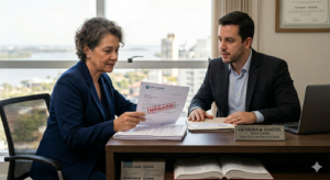 Advogado especialista em direito à saúde analisando negativa de plano de saúde para tratamento oncológico.