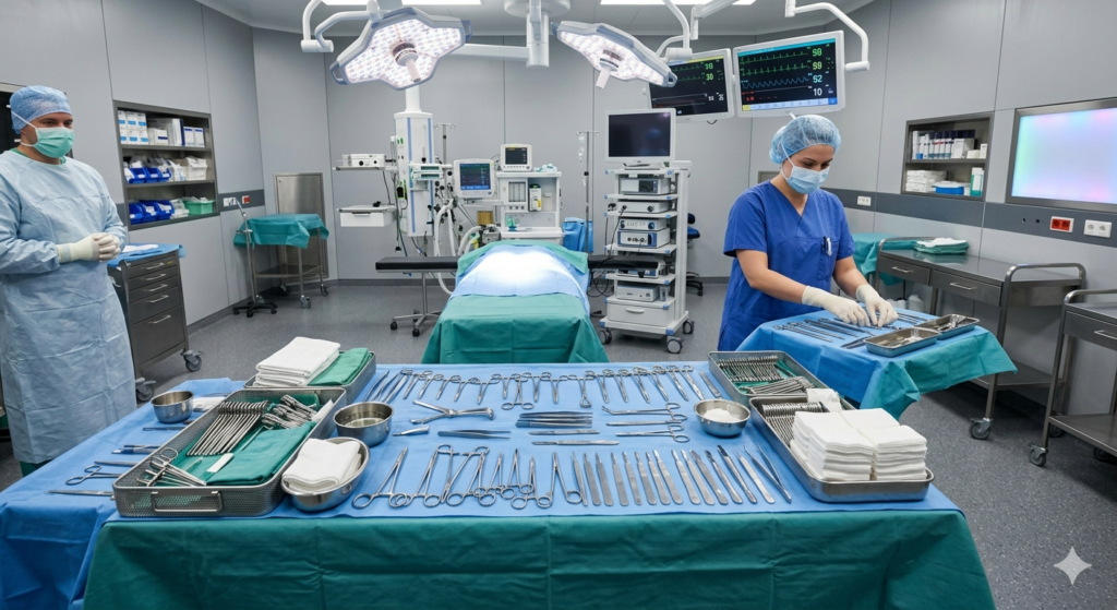 Mesa de cirurgia preparada com materiais cirúrgicos e equipamentos médicos em um centro cirúrgico hospitalar moderno, representando a importância da liberação do procedimento.